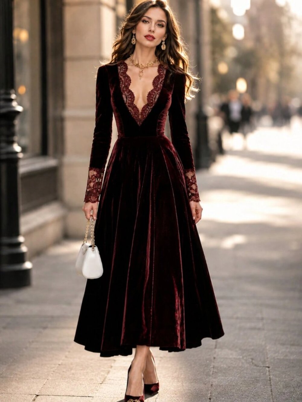 Burgundy Velvet Midi Dress – Plunging Scalloped Lace V-Neck Long Sleeve